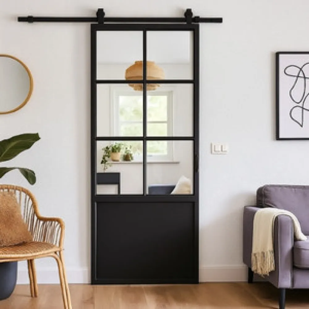 Stalen schuifdeur - 6 Vlaks - Helder glas + Kickplaat 1000 x 2150 mm