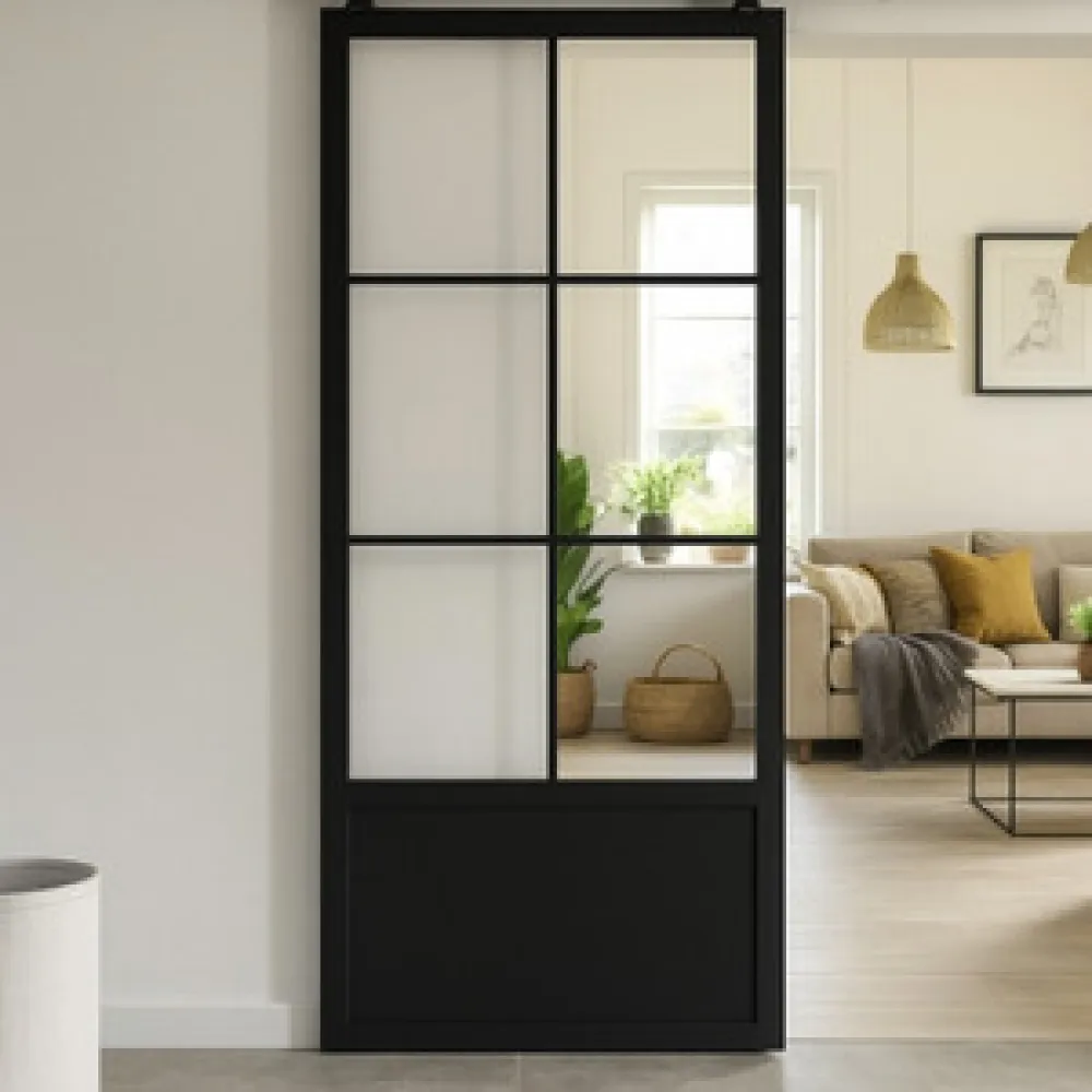 Stalen schuifdeur - 6 Vlaks - Helder glas + Kickplaat 1000 x 2150 mm