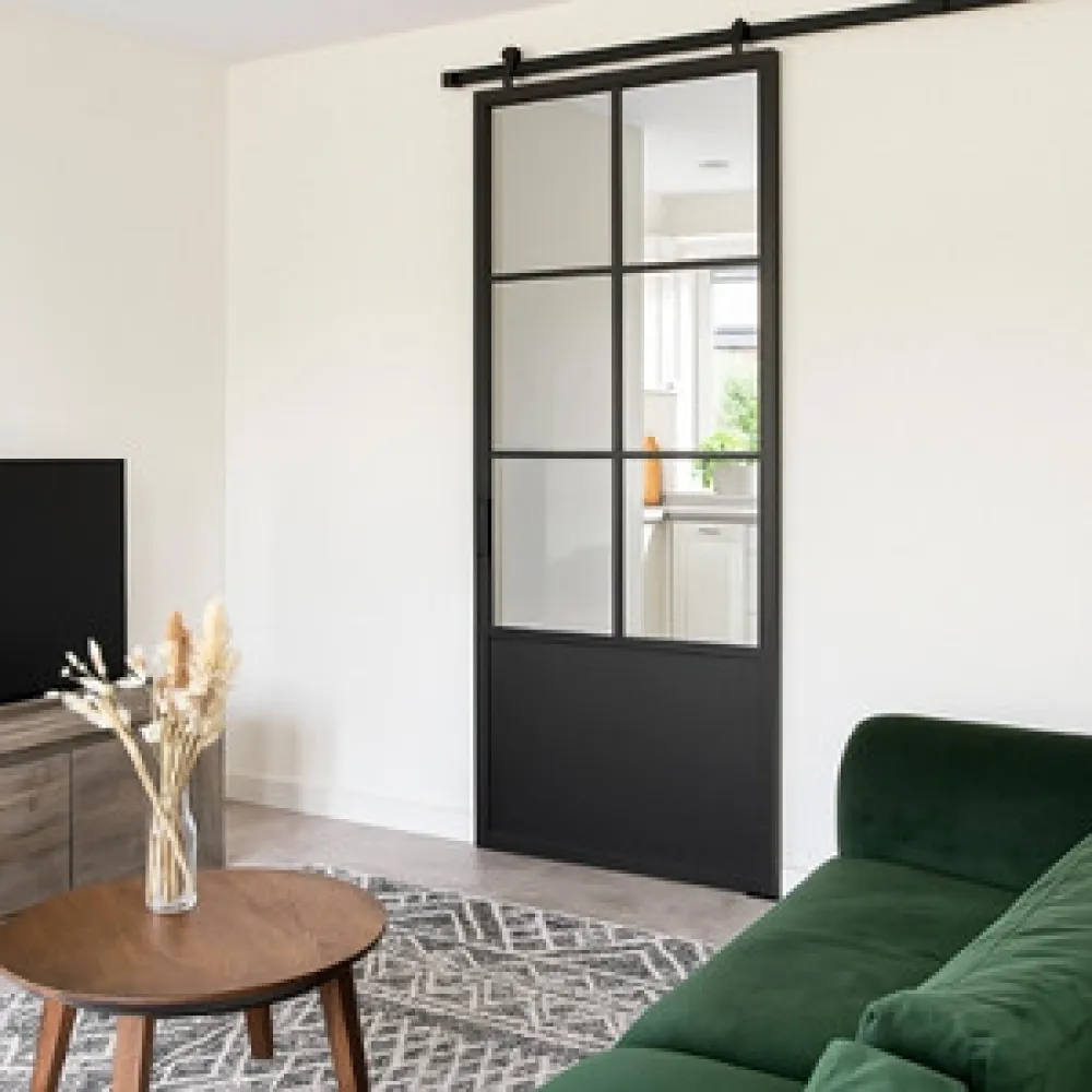 Stalen schuifdeur - 6 Vlaks - Helder glas + Kickplaat 1000 x 2150 mm