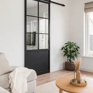 Stalen schuifdeur - 6 Vlaks - Helder glas + Kickplaat 1000 x 2150 mm