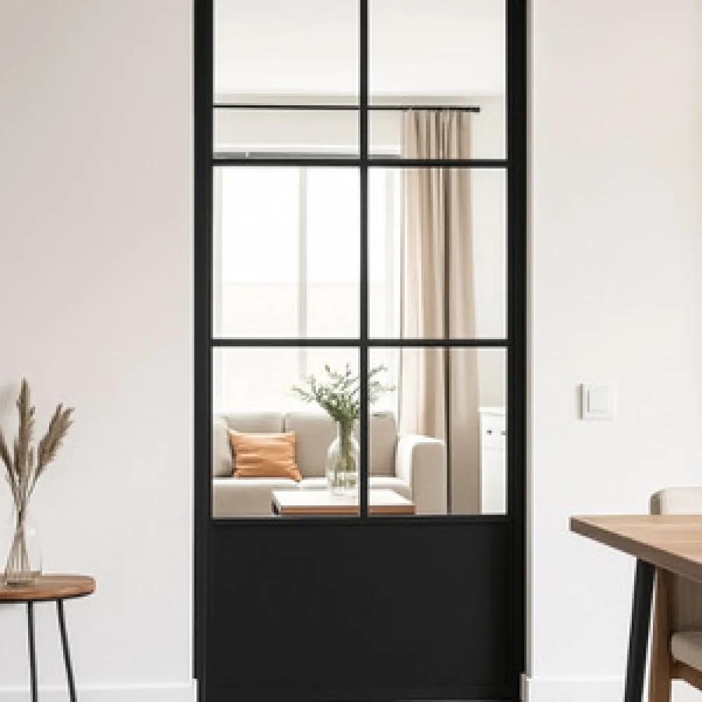 Stalen schuifdeur - 6 Vlaks - Helder glas + Kickplaat 1000 x 2150 mm